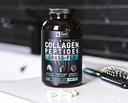 Zeal Naturals Collagen Peptides Collagen Pills (360 Capsules) Grass Fed Collagen Pepetide Powder - Hydrolyzed Collagen Powder for JointTendon SupplementHair Skin and Nails -