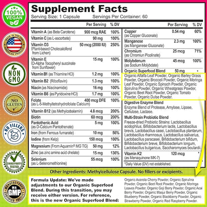 Women's Daily Multivitamin with Iron - Vegan Methylated Multivitamin for Women with Biotin, Organic Superfoods, Probiotics, B-Complex - Energy, Gut & Optimal Health Support – Easy to Swallow Capsules