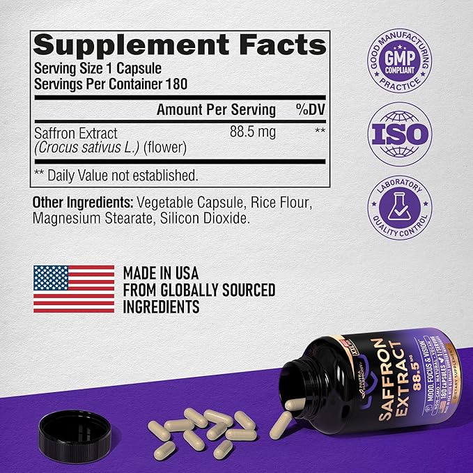 Natural Saffron Supplements - Pure Saffron Extract 88.5 mg - Made in USA - Mood | Focus | Vision | Energy Support - Eye Health for Women & Men - NonGMO Vegan Pills - 180 Powder Capsules