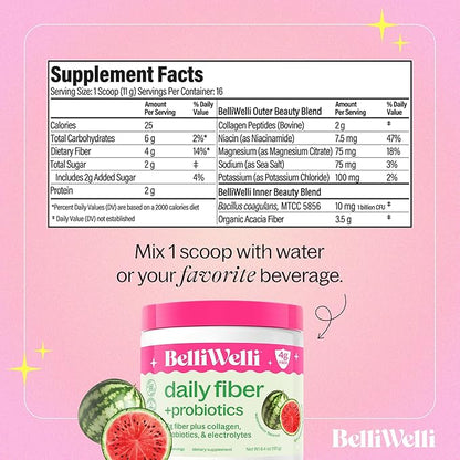 Fiber Supplement for Women & Men – Premium Daily Fiber Powder from Organic Acacia with Added Collagen, Electrolytes & Probiotics – No Bloat, Constipation & Gut Health Support (Watermelon)