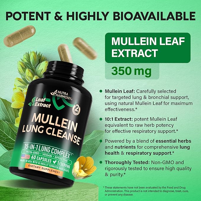 Mullein Leaf Extract for Lung Detox - Marshmallow Root | Echinacea | Oregano | Quercetin | NAC - 15-in-1 Lung Support & Cleanse for Smokers Supplement - Made in USA - As Drops, Tincture - 60 Capsules