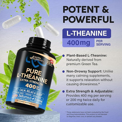 L Theanine 400 mg | L-Theanine Stress Relief | Extra Strength Supplement | Made in USA | Relaxation, Sleep & Calm Support | For Men & Women | Plant Based, Non-GMO & Gluten-Free | 240 Vegan Capsules