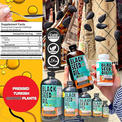 Black Seed Oil Capsules 1000mg - Lab Tested Turkish Nigella Sativa with 3X Thymoquinone (90 Softgels) - USA Made, Cold-Pressed Kalonji Oil - Pure Non-GMO Sweet Sunnah for Hair, Brain & Immune Support