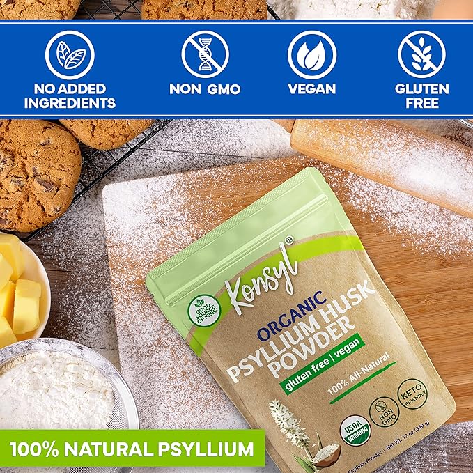 Konsyl Organic Psyllium Husk Powder - Perfect for Vegan Baking - USDA Certified Fiber Supplement Powder - All Natural, Gluten-Free, Sugar-Free, Unflavored