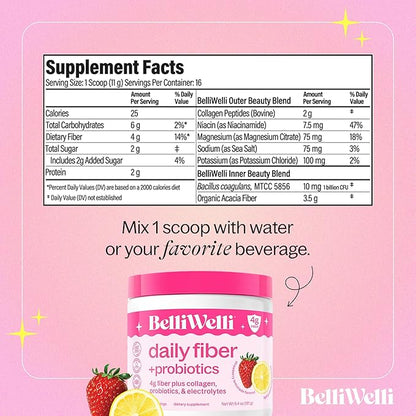 Fiber Supplement for Women & Men – Premium Daily Fiber Powder from Organic Acacia with Added Collagen, Electrolytes & Probiotics – No Bloat, Constipation & Gut Health Support (Strawberry)