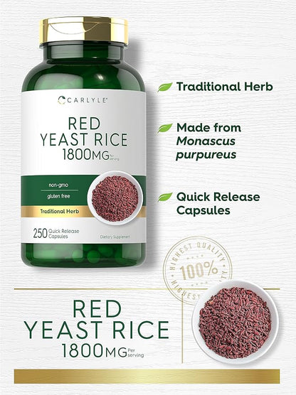 Carlyle Red Yeast Rice | 250 Capsules | Non-GMO, Gluten Free Supplement