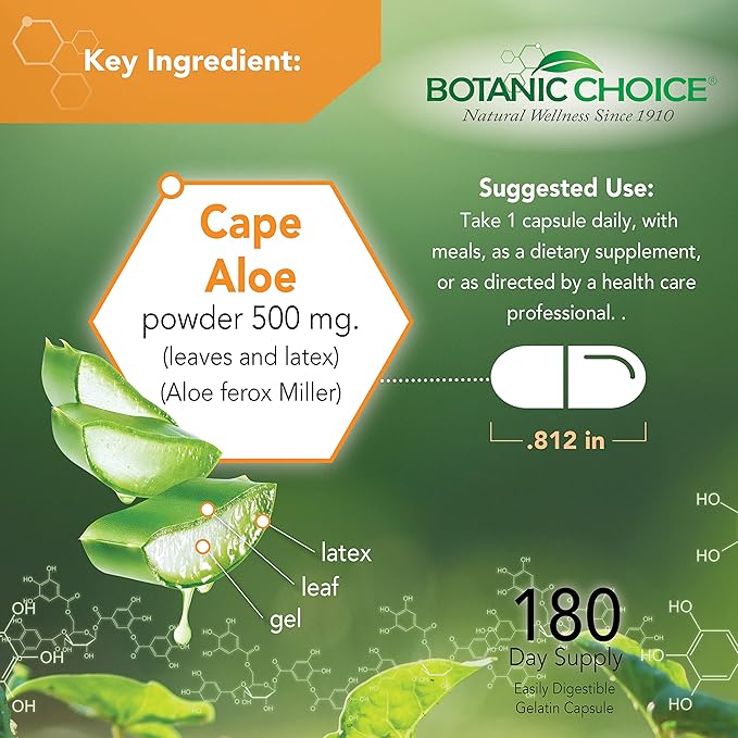 Aloe Vera- Leaf and Latex, Digestive, Liver, Stomach health-Contains Amino Acids, Vitamins, Minerals, Enzymes- 500mg-Gluten Free, Non-GMO-180 capsules