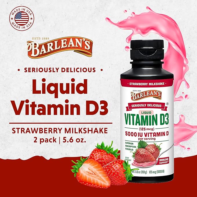 Barlean's Pack of 2 Liquid Vitamin D Supplement for Kids and Adults with 5000 IU D3, Strawberry Milkshake Flavored Sugar Free Vitamins for Children, 5.6 oz Each