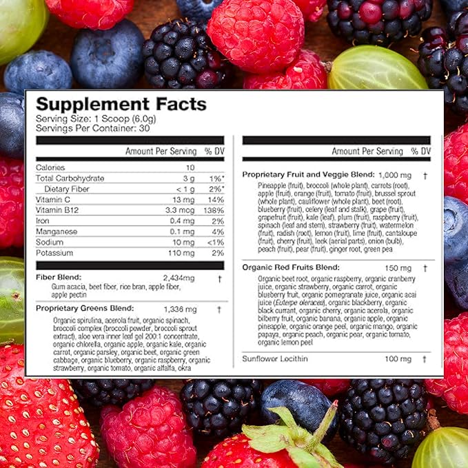 310 Nutrition Organic Superfood Greens Powder – Super Green Powder Supplement with Daily Greens Spirulina, Vegetable Enzymes & Antioxidants – Immunity Boost – Mixed Berry, 30 Servings