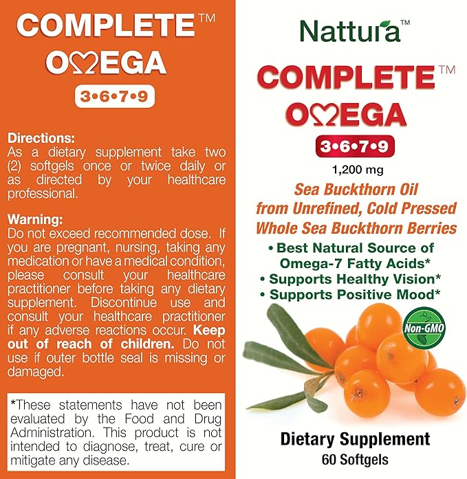 Nattura Complete Omega 3-6-7-9, Pure Sea Buckthorn Oil, European Quality, from Unrefined, Cold Pressed Whole Sea Buckthorn Wild Berries - 1,200mg - 2 Bottles