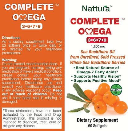 Nattura Complete Omega 3-6-7-9, Pure Sea Buckthorn Oil, European Quality, from Unrefined, Cold Pressed Whole Sea Buckthorn Wild Berries - 1,200mg - 2 Bottles