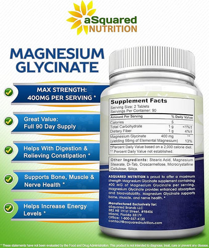 aSquared Nutrition Magnesium Glycinate 400mg - 180 Tablets - Max Strength Magnesium Bisglycinate Supplement -Maximum Bioavailability & Absorption-Non-GMO -Not Buffered-Supports Muscles, Bones & Heart