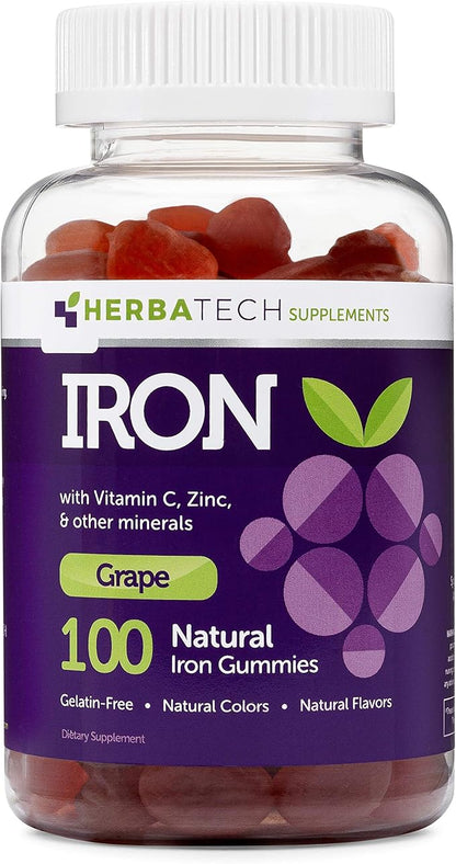 Iron Gummies for Adults and Kids, Chewable Multivitamin Supplement with Iron, Vitamin C, A, B, Zinc, Folic Acid, and Biotin (Grape Flavored) Vegan Safe, Made in The USA from HERBATECH