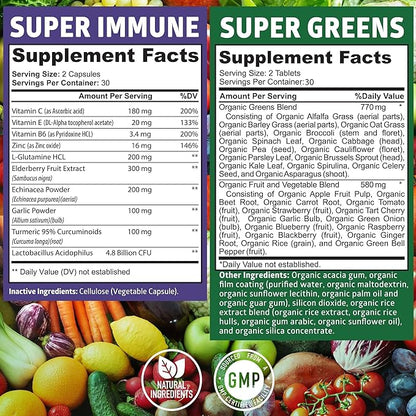N1N Premium Organic Super Fruits & Veggies + Immune Support [38 Powerful Ingredients], Natural Super Greens Supplement with Alfalfa, Vitamins & Minerals, Zinc, Turmeric and Probiotic, 120 Caps