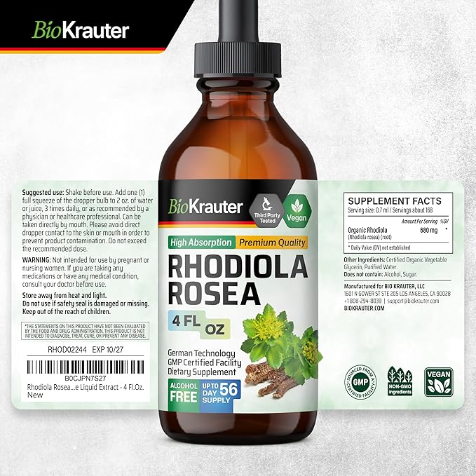 BIO KRAUTER Rhodiola Rosea Tincture 4 Fl. Oz. & Bacopa Tincture 4 Fl. Oz.