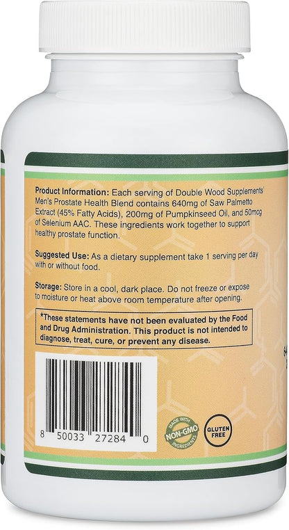 Prostate Support Supplement for Men's Health (120 Capsules) One Serving per Day for 30 Days Supports Prostate Function and Urinary Control (Saw Palmetto, Pumpkin Seed Oil, Selenium) by Double Wood