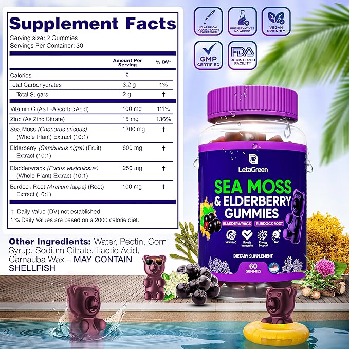 Irish Sea Moss and Black Seed Oil Gummies Bundle – 120 Vegan Gummies Bears - Elderberry for Kids & Adults - Nigella Sativa with Ashwagandha & Honey