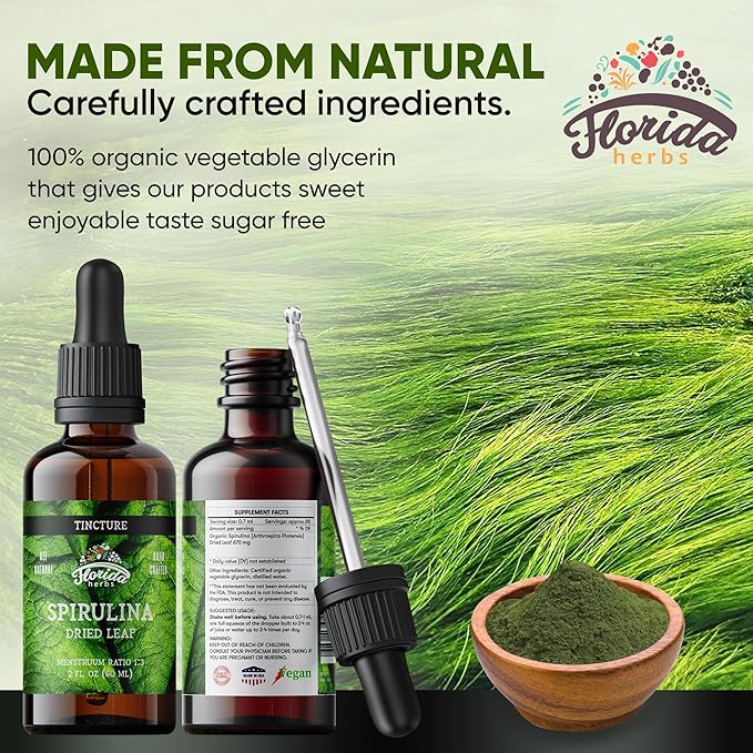 Spirulina Tincture, Organic Spirulina Extract (Arthrospira Platensis) Herbal Supplement, Non-GMO in Cold-Pressed Organic Vegetable Glycerin, 700 mg, 2 oz (60 ml)