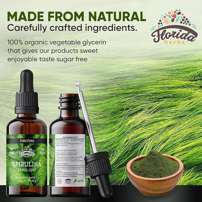 Spirulina Tincture, Organic Spirulina Extract (Arthrospira Platensis) Herbal Supplement, Non-GMO in Cold-Pressed Organic Vegetable Glycerin, 700 mg, 2 oz (60 ml)