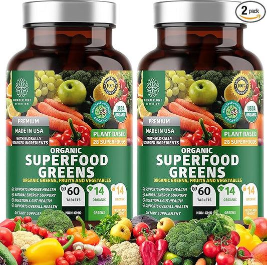 2-Pack N1N Premium Organic Green Superfood, Fruits & Veggies [28 Powerful Ingredients] Natural Supplement with Alfalfa, Beet Root & Tart Cherry for Energy, Immunity, Digestion, 120 Ct