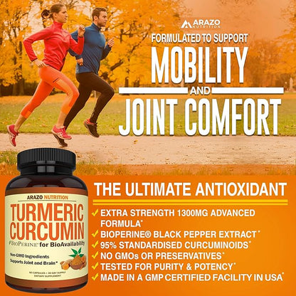 Arazo Nutrition Turmeric Curcumin with BioPerine 1300mg with Black Pepper - Joint Support Nutritional Supplements - 100% Herbal Tumeric Root Capsules