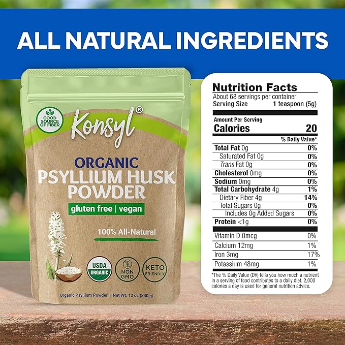 Konsyl Organic Psyllium Husk Powder - Perfect for Vegan Baking - USDA Certified Fiber Supplement Powder - All Natural, Gluten-Free, Sugar-Free, Unflavored