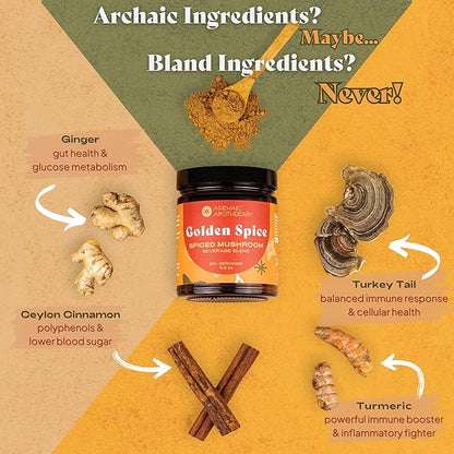 Golden Spice - Mushroom Golden Milk, Heirloom Turmeric Latte Spice Blend | Ashwagandha & Turkey Tail Adaptogens | Caffeine-Free Rooibos Matcha | No Milk or Sweetener Fillers