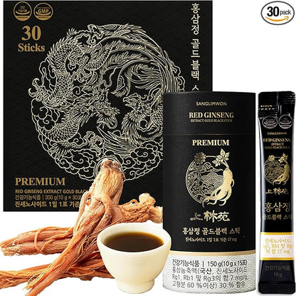 Korean Food Sanglimwon Gold Black Stick, High-Potency Red Ginseng with 17mg Ginsenosides, Luxurious Gift Package, 30 Sticks