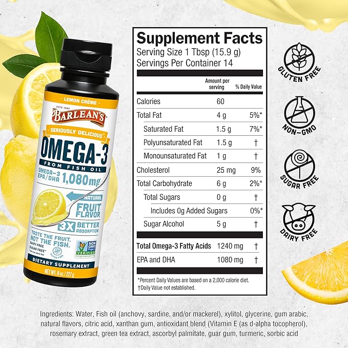 Barlean's Lemon Crème Omega 3 Fish Oil Liquid Supplement, 1080mg of Omega 3 EPA & DHA Fatty Acid, Smoothie Flavored & Burpless for Brain, Joint, & Heart Health, 8 oz