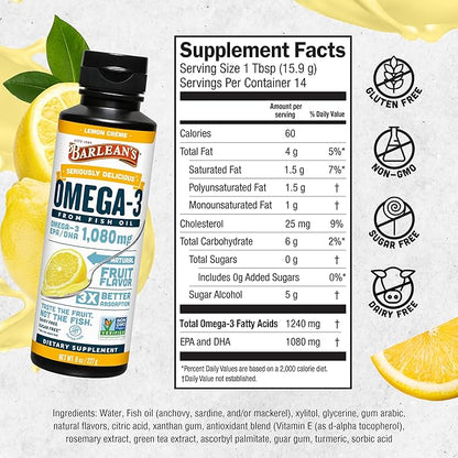 Barlean's Lemon Crème Omega 3 Fish Oil Liquid Supplement, 1080mg of Omega 3 EPA & DHA Fatty Acid, Smoothie Flavored & Burpless for Brain, Joint, & Heart Health, 8 oz