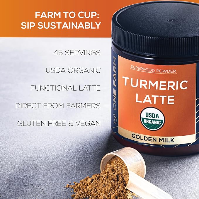 Turmeric Latte Powder - USDA Organic >5% Curcuminoid Turmeric, Lions Mane, Ashwagandha, Ginger, Cinnamon in a Resealable Glass Jar, 45 Servings - Perfect for Making Golden Milk