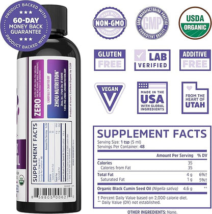 Zhou Organic Black Seed Oil - Black Cumin Seed Oil Cold Pressed, Nigella Sativa, Pure Unrefined Blackseed Liquid, Premium Supplement for Health with Thymoquinone, Omega 3 6 9 - 8 Fl Oz (Pack of 1)