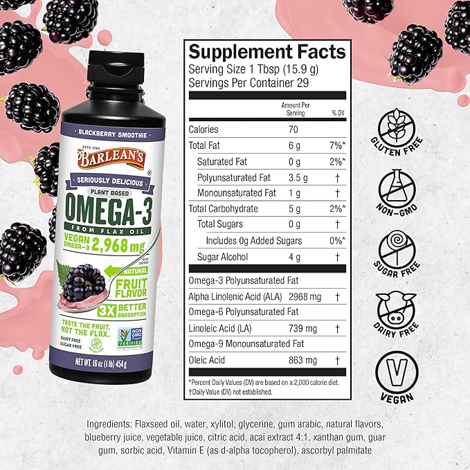 Barlean's BlackBerry Flaxseed Oil Liquid, Vegan Omega 3 6 9 Supplements for Kids and Adults with 2,968 mg of Vegan Omegas, Non-GMO and Gluten Free, 16 oz