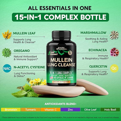 Mullein Leaf Extract for Lung Detox - Marshmallow Root | Echinacea | Oregano | Quercetin | NAC - 15-in-1 Lung Support & Cleanse for Smokers Supplement - Made in USA - As Drops, Tincture - 60 Capsules