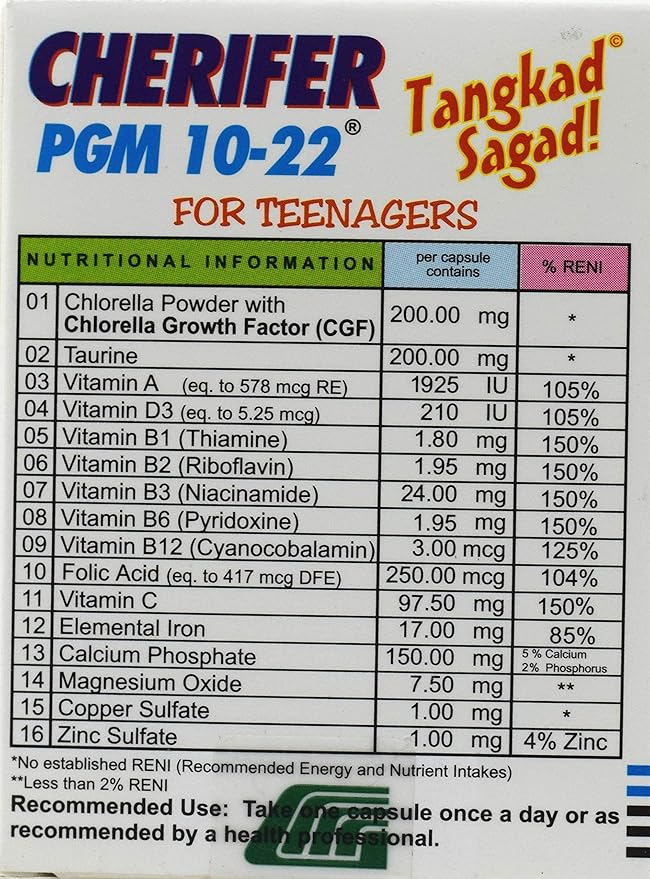 Growth Enhancer - Cherifer PGM 10-22 High Chlorella Growth Factor (CGF), Taurine and Lysine 30 Caps