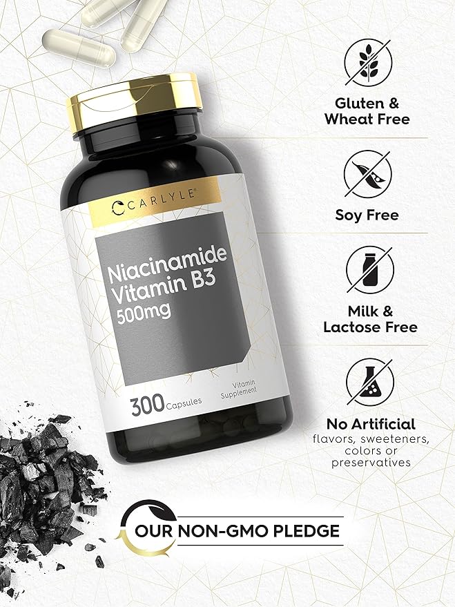 Carlyle Niacinamide 500mg Capsules | 300 Count | Vitamin B3 | Non-GMO & Gluten Free Supplement