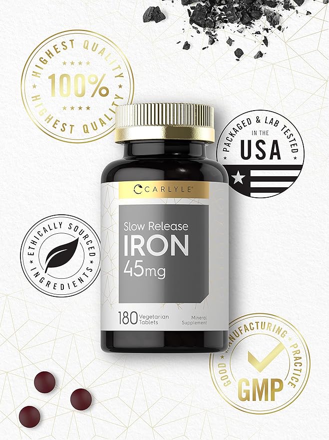 Carlyle Slow Release Iron 45 mg | 180 Tablets | Ferrous Sulfate Mineral Supplement | for Men & Women | Vegetarian, Non-GMO, and Gluten Free Formula