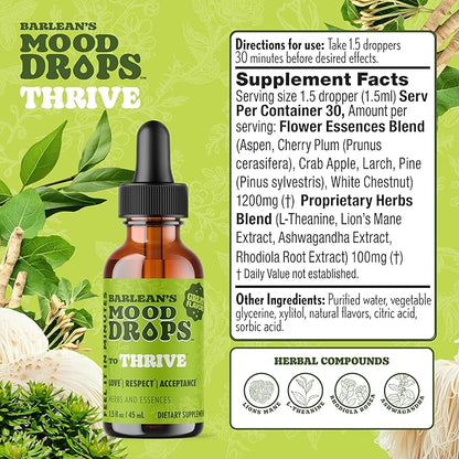 Barlean's Mood Booster Supplement, Thrive Liquid Drops Supplements, Ashawagandha, L Theanine, and Lion's Mane Extract, Adaptogen Herbs Drops, 1.5 oz