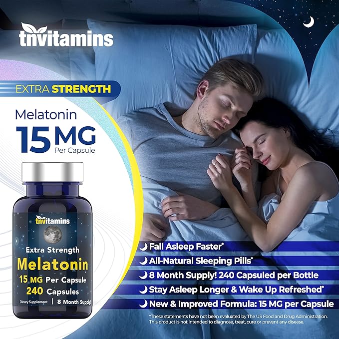 Melatonin 15 MG Per Capsule (240 Capsules) | All-Natural Sleeping Pills for Adults | Extra Strength Melatonin | Nighttime Sleep Aid | Natural Sleep Support Supplement