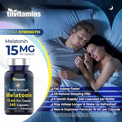 Melatonin 15 MG Per Capsule (240 Capsules) | All-Natural Sleeping Pills for Adults | Extra Strength Melatonin | Nighttime Sleep Aid | Natural Sleep Support Supplement