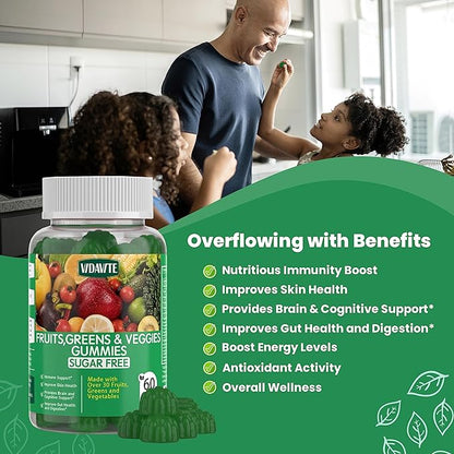 Sugar-Free Fruit and Veggie Gummies — 35+ Greens, Fruit and Vegetable Vitamins to Boost Immunity, Skin & Gut Health — Ideal Fruit and Vegetable Supplement for Adults & Kids (60 Gummies)