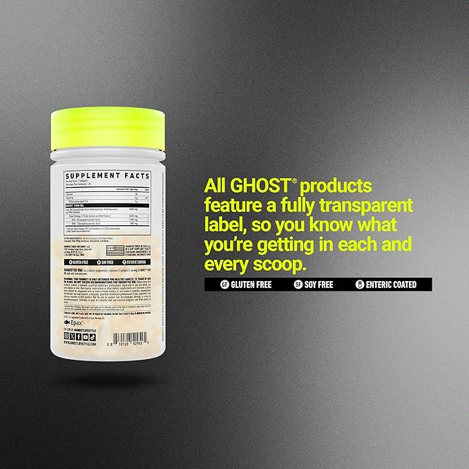 GHOST Basics Fish Oil Supplement, 3000MG Daily Omega 3 Fatty Acids with DHA & EPA for Brain, Heart Health & Immunity Support - Gluten-Free & Soy-Free - 60 Enteric Coated Softgels