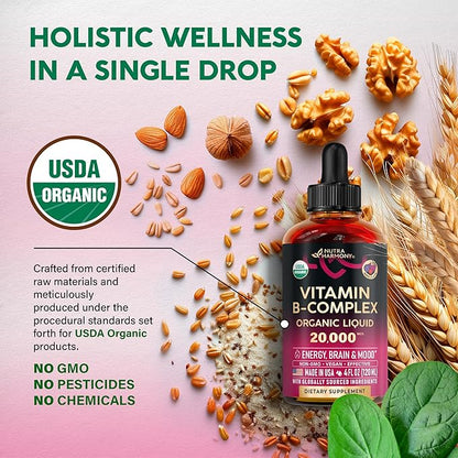 USDA Organic Vitamin B-Complex B5 Pantothenic Acid | B12 Methylcobalamin | B1 Thiamine | B6 Pyridoxine | B7 Biotin | B9 Folic | B3 Niacinamide - B Complex Liquid Drops, Made in USA Supplement, 4fl oz