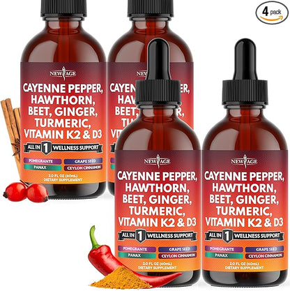 Cayenne Pepper Supplement Liquid Drops + Hawthorn Berry, Vitamin D3 K2 Beet Root Powder, Ceylon Cinnamon, Turmeric Curcumin, Organic Panax Ginseng - 8 oz