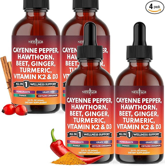 Cayenne Pepper Supplement Liquid Drops + Hawthorn Berry, Vitamin D3 K2 Beet Root Powder, Ceylon Cinnamon, Turmeric Curcumin, Organic Panax Ginseng - 8 oz