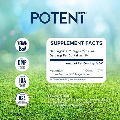 Sucrosomial Magnesium, Patented Enhanced Absorption, Support Stress Relief, Sleep, Nerves, Muscles, and Metabolism* 300mg, 60 Capsules (Vegan Safe), Magnesium Supplement, USA Made by Potent Nutri