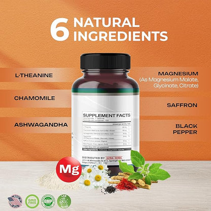 L-Theanine Supplement - 6 IN 1 Complex Enriched with Magnesium, Ashwagandha, Saffron, Chamomile - Support Relaxation, Calmness & Sleep Quality | 150 Capsules