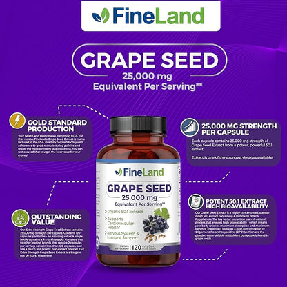 FineLand Grape Seed 50:1 Extract, Premium Max Strength, 25,000 mg Eq., Antioxidant Powerhouse, Heart Support, Immune Support, Grape Seed Extract Capsules 120, 4 Month Supply, 100% Vegan, All Natural