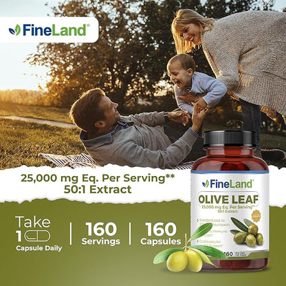 FineLand Olive Leaf Extract 50x, 25,000mg per Capsule | 20% Active Oleuropein | MAX Strength Antioxidants | Immune & Heart Support | 160 Vegan Capsules