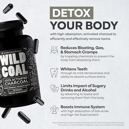 Wild Foods Activated Charcoal Capsules | 100% Organic Coconut Shells Active Tablets for Bloating Relief | Lab Tested & Non-GMO Detox Pills | USA (Two Bottles - 120 Capsules)